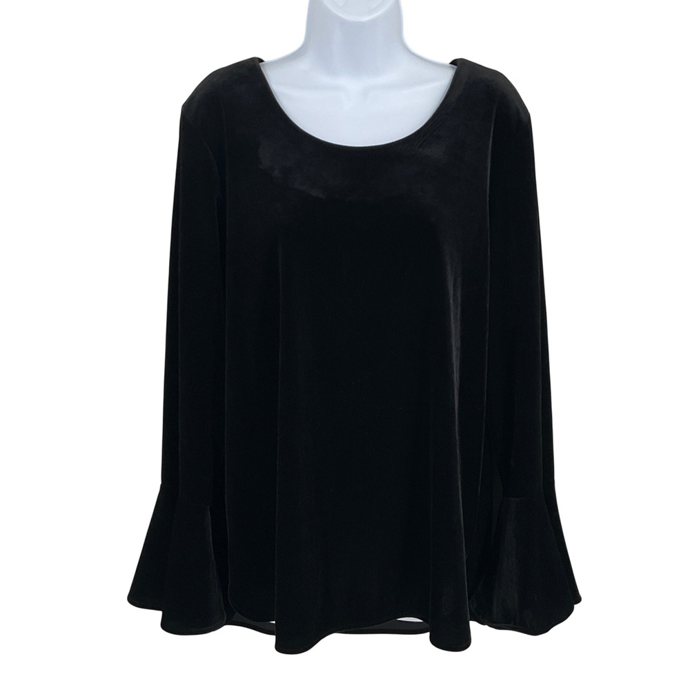 Calvin Klein Blouse Women L‎ Black Velvet Bell Sleeve Whimsigoth Party